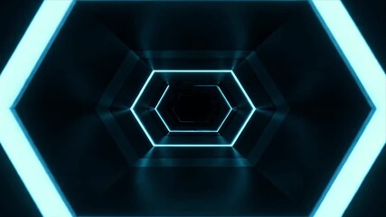 Futuristic Hexagonal Tunnel with Glowing Blue Neon Lights and Abstract Geometric Design - Powered by Adobe