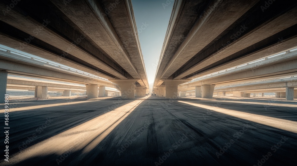 Poster elevated highway overpass perspective with concrete support columns and sunlight, showcasing urban i