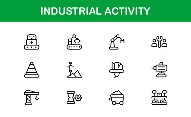Industrial Activity Line Icon Set – Professional Minimal Vector Icons for Factories, Machinery, and Production Facilities