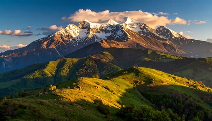 Majestic mountain range bathed in golden light