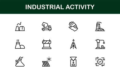Industrial Activity Line Icon Set – Professional Minimal Vector Icons for Factories, Machinery, and Production Facilities