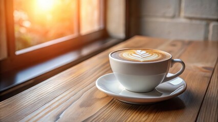 Obraz premium Morning Sunlight Illuminates a Cup of Latte Art on Wooden Table by Window