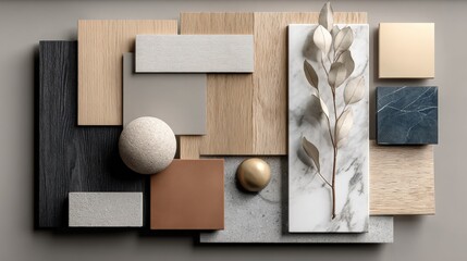 Elegant Interior Design Mood Board Featuring Natural Materials and Neutral Tones for Home Renovation and Decoration