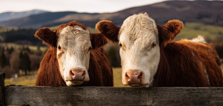 The curious cows looking over a rustic wooden fence in lush farmland.