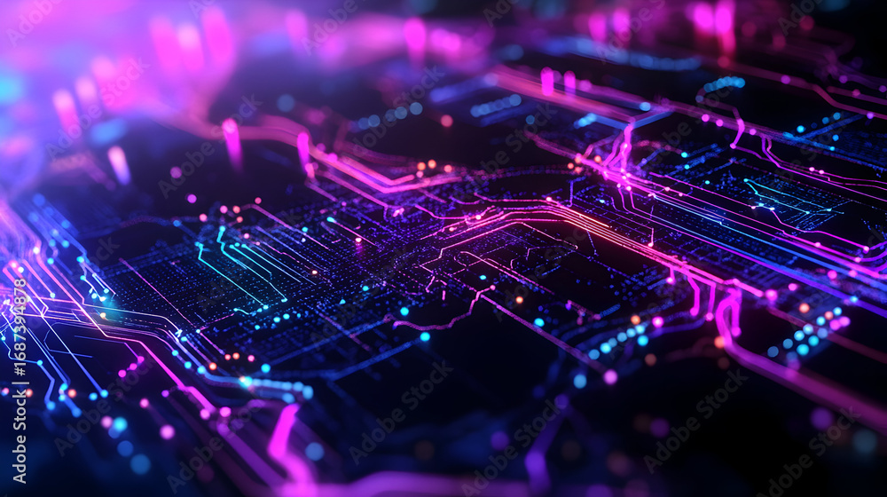 Poster abstract technology background with glowing circuit board lines and data flow