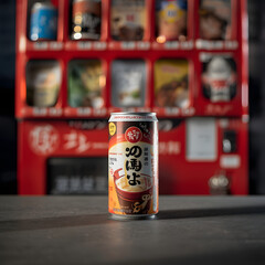 Canned Drink: A vibrant shot of a can of drink, standing proudly in front of a vending machine, a delicious and refreshing symbol of modern-day convenience.