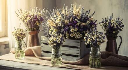 Fototapeta premium Rustic wooden crate with lavender and daisies