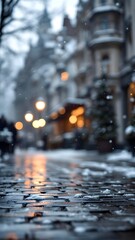 Snow gently falling on a cobblestone street, illuminated by warm street lights, creates a cozy winter atmosphere with blurry buildings softly fading into the background