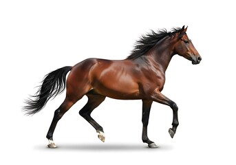 Majestic brown horse in motion showcasing its powerful musculature and flowing mane on a clean white backdrop white background