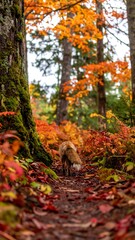 Autumnal forest path with a fox
