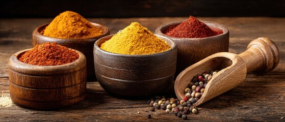 Assorted colorful ground spices in wooden bowls on rustic wooden table for cooking and seasoning preparation
