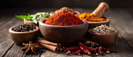 Assorted Indian Spices in Wooden Bowls on Rustic Wooden Table with Fresh Herbs and Ingredients for Cooking and Flavo Food