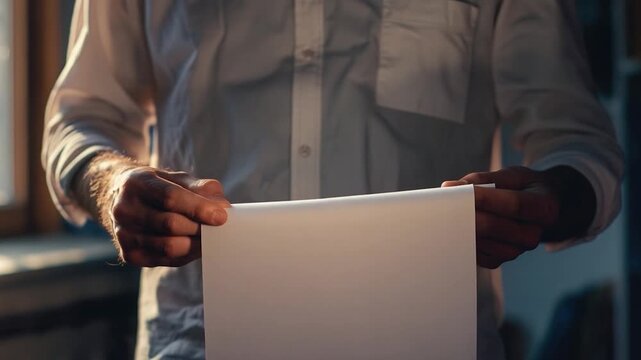 A person holding a sheet of paper, possibly containing important information or a message