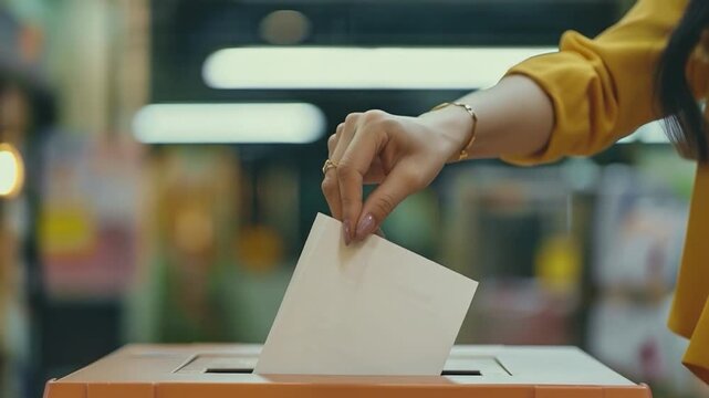 A woman placing her ballot into an election box