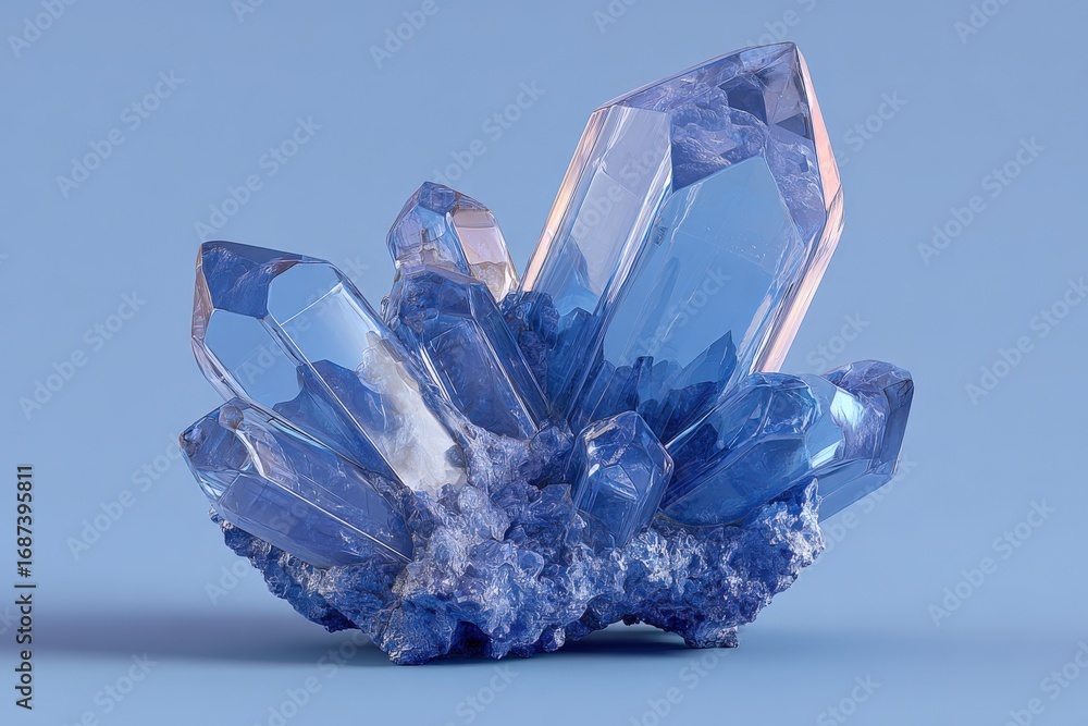 Poster close-up of a cluster of translucent blue crystals displaying sharp geometric facets on a plain back