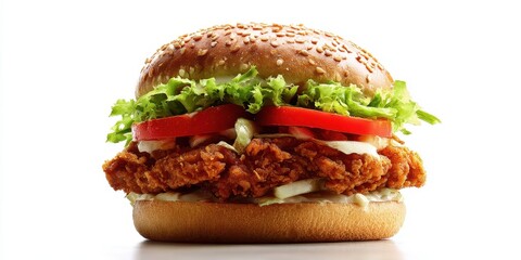 The delicious chicken burger with fresh vegetables and sesame seed bun.