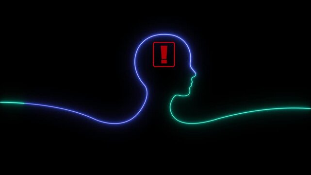 Neon glowing warning icon inside man head icon, danger warning sign animated. neon sign Warning alert icon isolated signs, security digital danger alert concept on dark background.