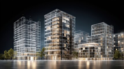 Modern glass skyscraper buildings illuminated at night with reflections on water showcasing contemporary urban architecture and city skyline
