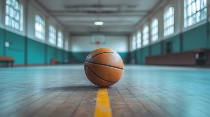 Naklejka premium Lone Orange Basketball on the Empty Court Awaits the Next Game.