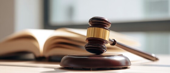 The gavel resting on a courtroom desk beside an open law book.
