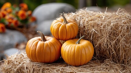 Two bright orange pumpkins sit beside a straw bale, showcasing the beauty of autumn with fallen leaves scattered around