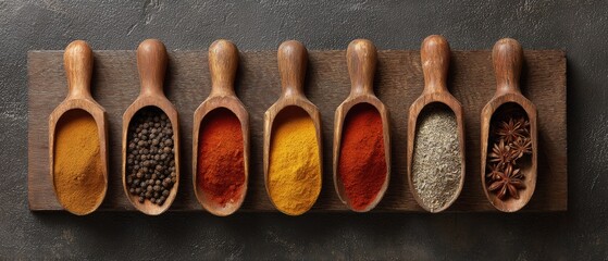 Array of wooden scoops filled with various colorful spices including turmeric pepper paprika and cumin arranged in a row