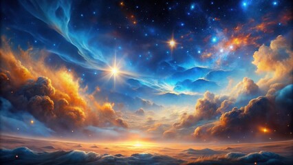 Fototapeta premium Celestial Canvas A Dreamlike Panorama of Golden and Azure Cloudscapes Under a Star-Studded Sky at Dawn