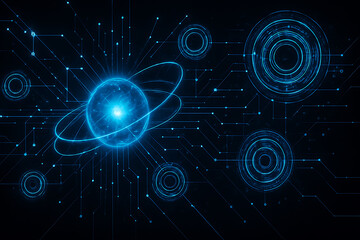 Digital visualization of glowing atomic energy core with orbit paths and futuristic connected circular interface elements