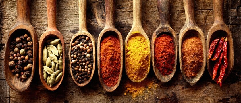 Long row of wooden spoons filled with colorful spices and herbs arranged on rustic wooden surface for culinary ingredients display