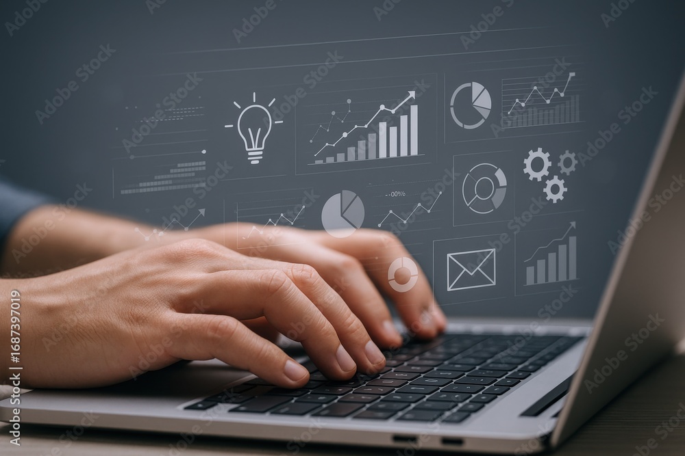 Poster data analysis and business strategy: hands on laptop with digital graph overlay