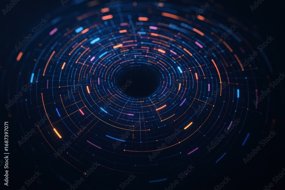 Poster abstract technology background with circular data stream in blue and orange tones for tech visualiza