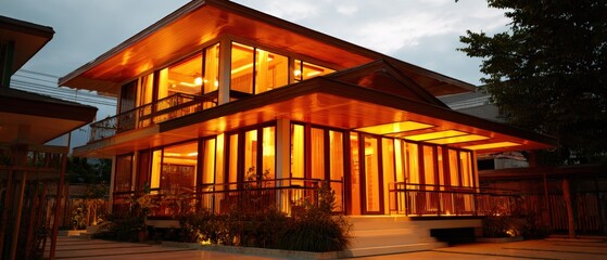 Modern contemporary house with extensive glass illuminated at sunset showcasing sleek architectural design and natural surroundings