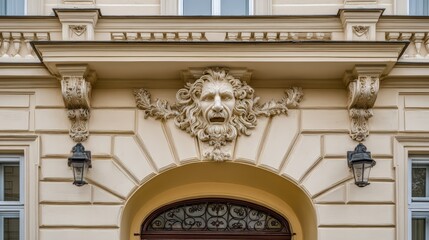 Elegant classical building facade featu intricate architectural details and a majestic stone lion head ornament above the entrance