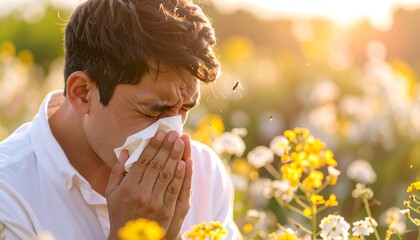 Man blowing nose in field of flowers