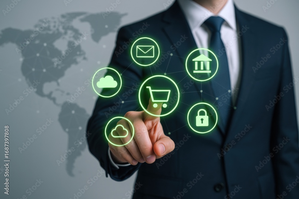 Poster businessman interacting with digital interface displaying e-commerce, cloud, and security icons for 