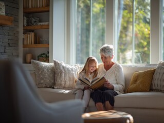 Grandmother and Granddaughter Reading a Storybook Together in Cozy Sunlight Filled Home