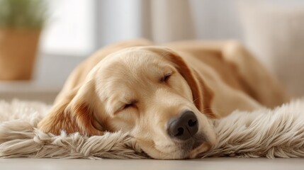 Obraz premium Golden Retriever Sleeping Peacefully on a Soft Rug in a Cozy Interior Setting