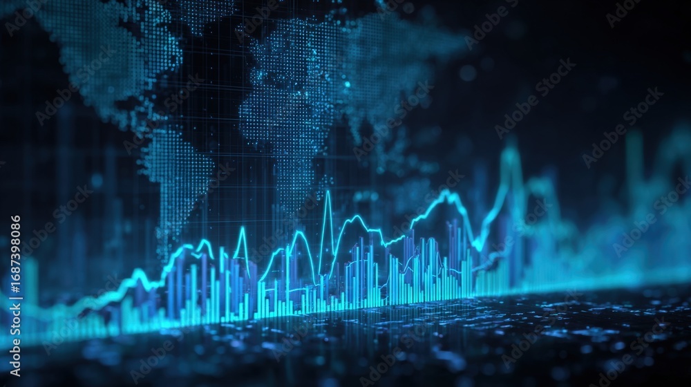 Poster abstract business chart displaying financial data with a digital world map in the background
