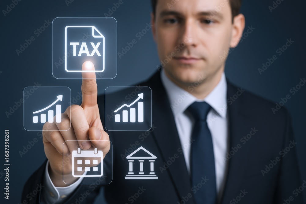 Poster businessman interacting with a digital interface displaying finance and tax concepts, emphasizing fi