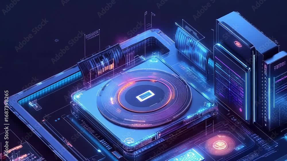 Poster quantum computing processing data on futuristic motherboard