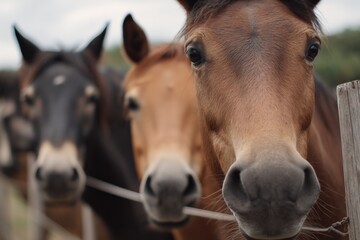 Fototapeta premium Close-Up Portrait of Three Curious Horses: A Glimpse into Equine Beauty and Ranch Life