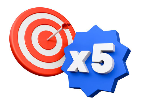Target with x5 symbol badge on a isolated background. Tag label, sale banner. Big win concept for online or mobile games. Promotion and cashback concept. 5x or x5 prize.