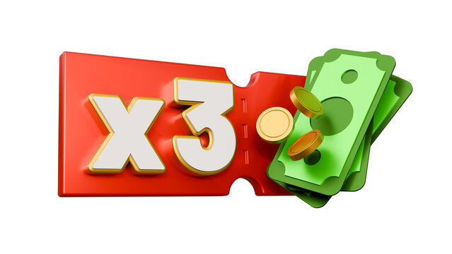 3d coupon with golden coins and moneys isolated background. Special giveaway with coupons or voucher. Gift voucher with x3 symbol. Promotion or cashback concept. 3x winner.