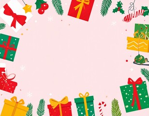 Flat design Christmas background template with snowflakes, gift boxes, Christmas trees, reindeer, stars, and festive decorations. Minimalist winter holiday illustration for greeting cards or posters