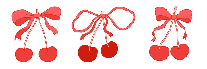 Set of hand drawn ribbon bows with cherries in coquette style. Cute feminine decorative elements for digital design, scrapbooking, planners, invitations, packaging, social media. Vector illustration