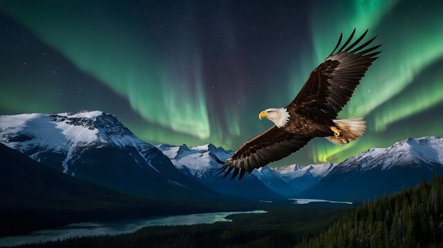 &Aacute;guila calva planeando sobre monta&ntilde;as nevadas y r&iacute;o bajo espectaculares auroras boreales en la noche &aacute;rtica