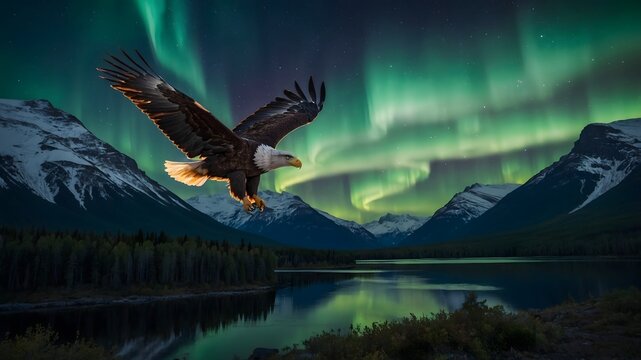 &Aacute;guila calva sobrevolando lago y monta&ntilde;as nevadas con auroras boreales iluminando el cielo nocturno