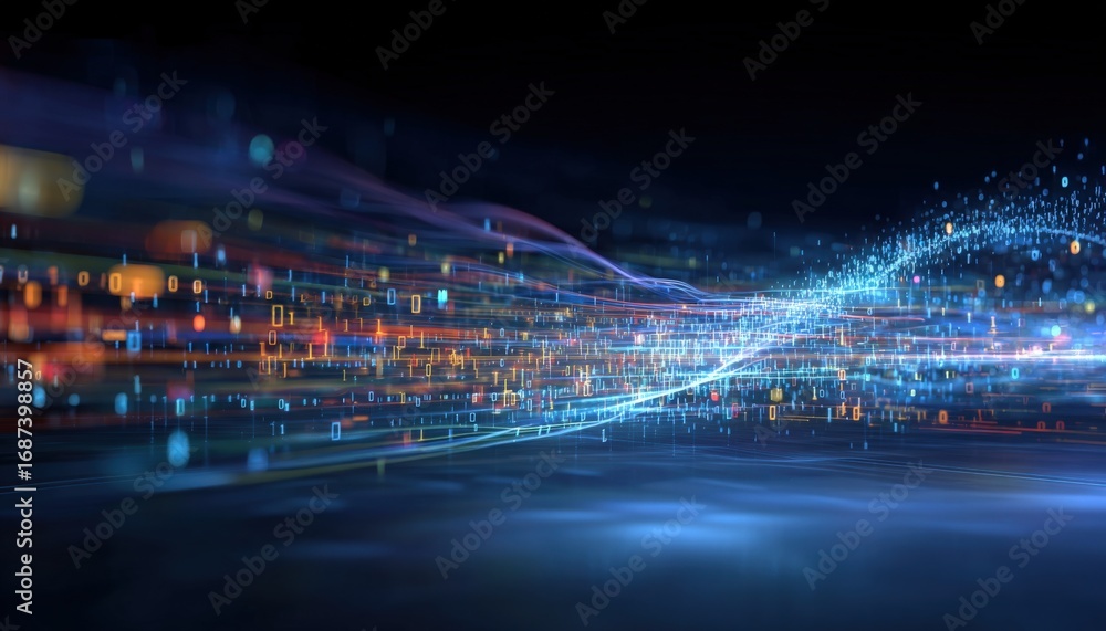 Poster abstract digital network, data flow visualization, futuristic technology background with glowing lig