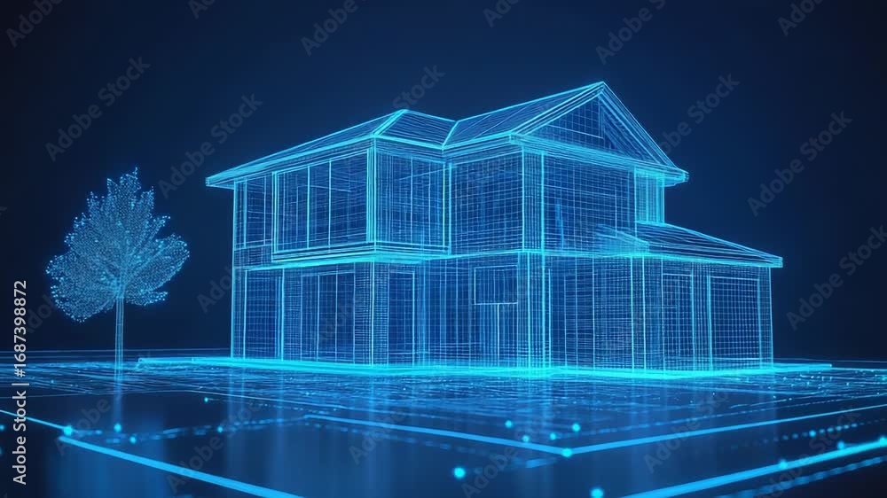 Poster futuristic wireframe house model glowing on blueprint platform with tree