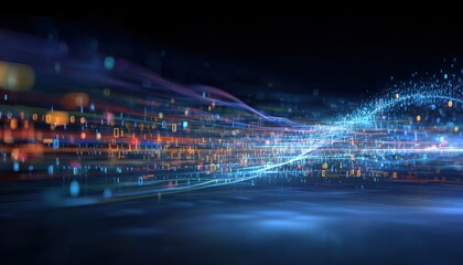 Abstract Digital Network, Data Flow Visualization, Futuristic Technology Background with Glowing Light Trails and Motion